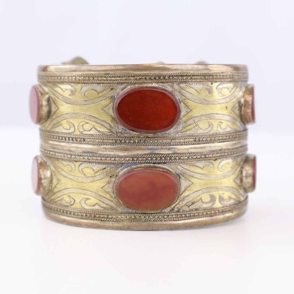 Antique Turkmen Silver Cuff Bracelet Carnelian‎ Tekke Tribal Gilt Bilezik Bangle